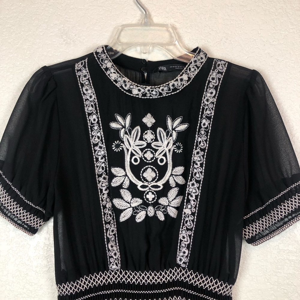 ZARA Embroidered Sheer Black Mini Dress Women’s Babydoll Style Size Medium - Picture 4 of 11